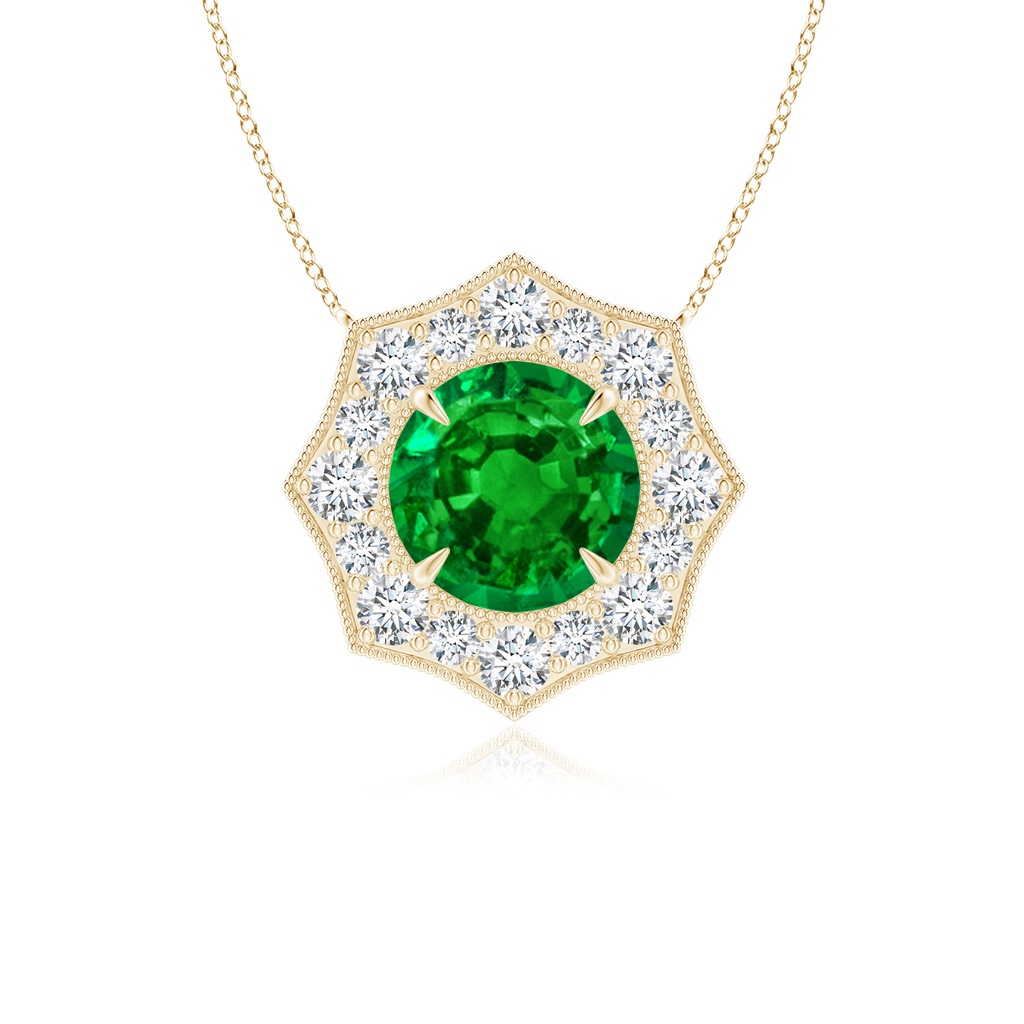 5mm AAAA Emerald Pointed Diamond Halo Pendant with Milgrain in Yellow Gold