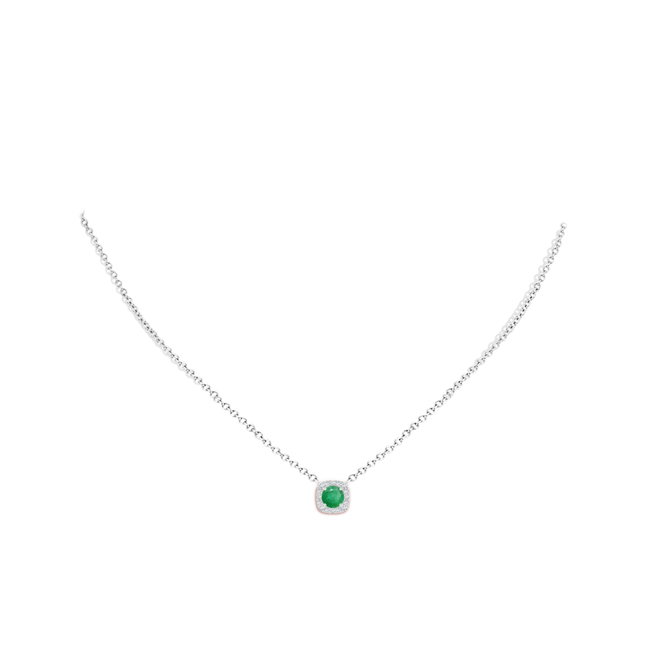 5mm A Round Emerald Pendant with Cushion Halo in White Gold body-neck