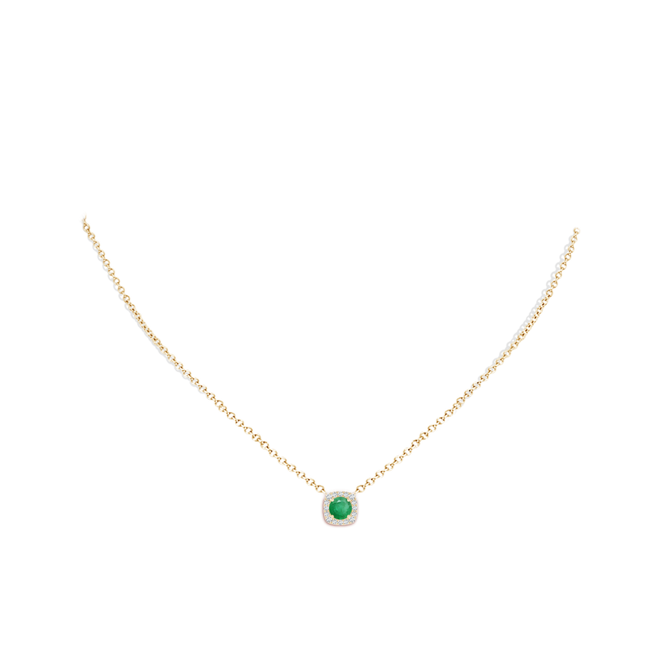 5mm A Round Emerald Pendant with Cushion Halo in Yellow Gold body-neck
