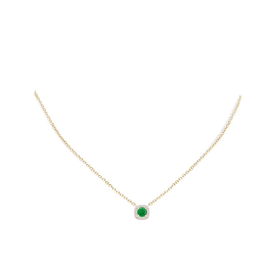 5mm AA Round Emerald Pendant with Cushion Halo in Yellow Gold body-neck