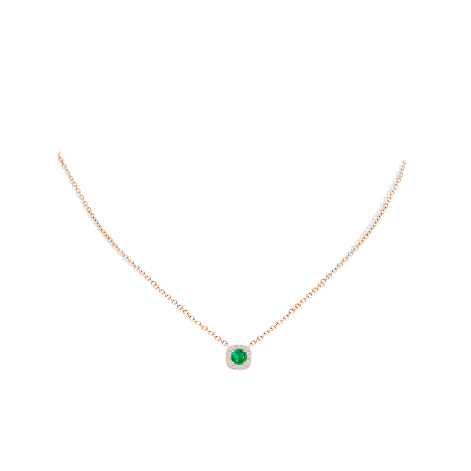 5mm AAA Round Emerald Pendant with Cushion Halo in Rose Gold body-neck