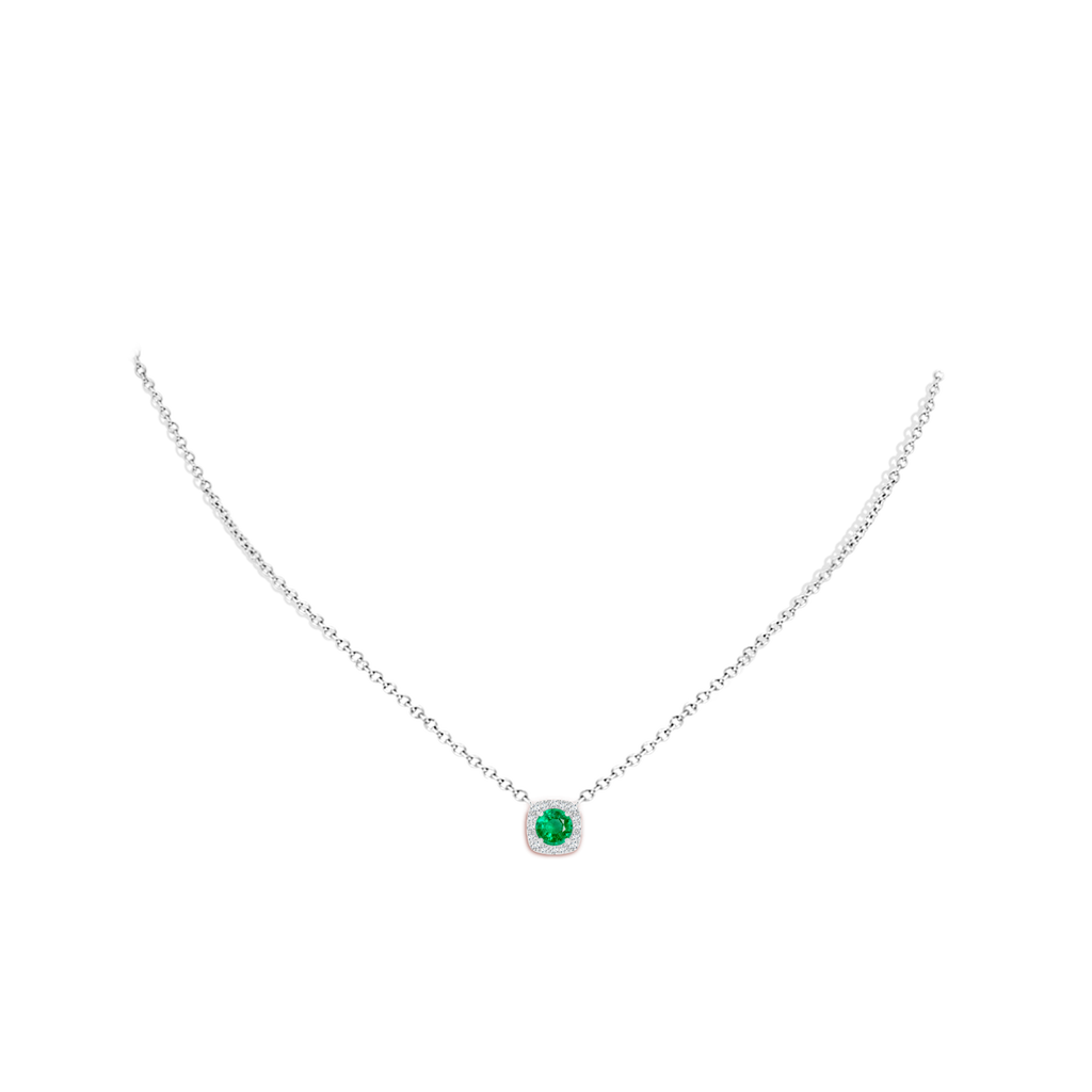 5mm AAA Round Emerald Pendant with Cushion Halo in White Gold Body-Neck