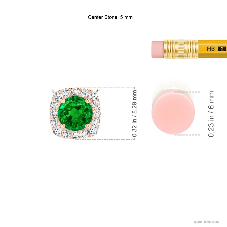 5mm AAAA Round Emerald Pendant with Cushion Halo in Rose Gold ruler