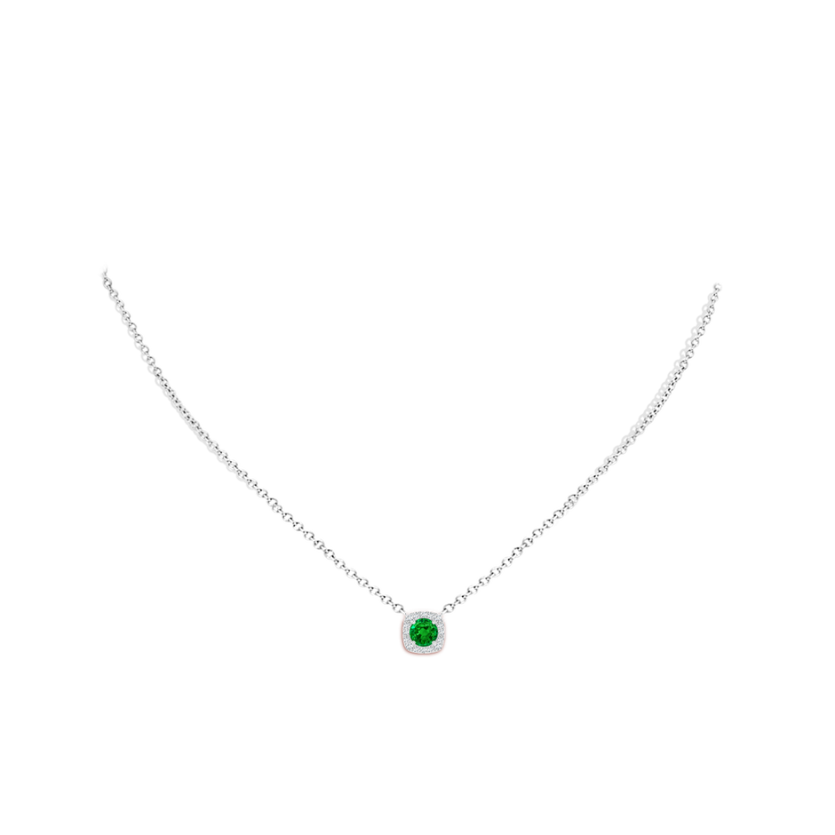 5mm AAAA Round Emerald Pendant with Cushion Halo in White Gold body-neck