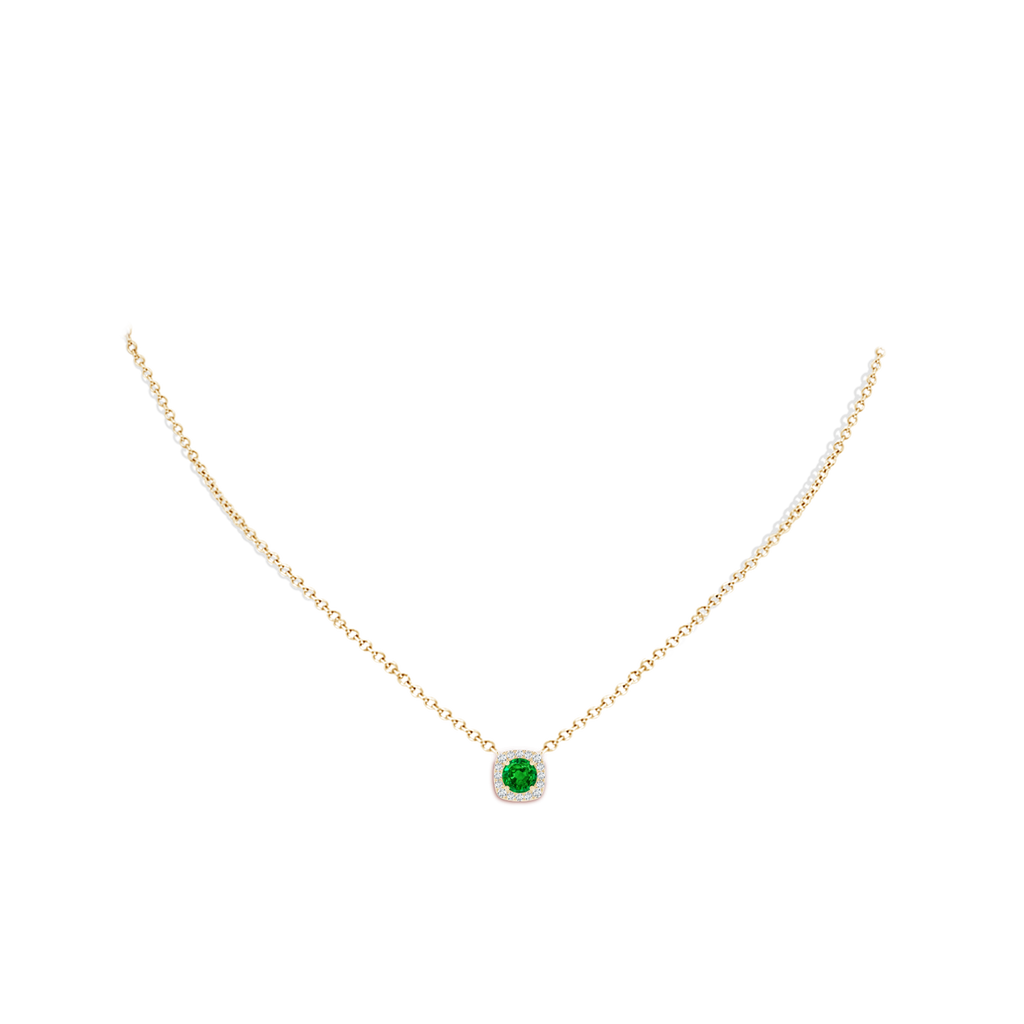 5mm AAAA Round Emerald Pendant with Cushion Halo in Yellow Gold Body-Neck