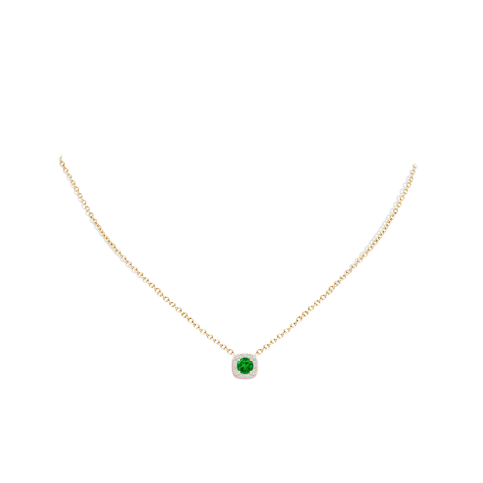 5mm AAAA Round Emerald Pendant with Cushion Halo in Yellow Gold body-neck