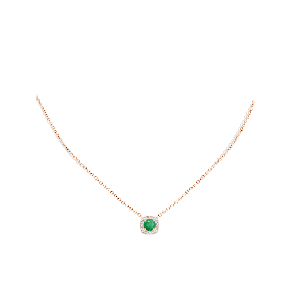 6mm A Round Emerald Pendant with Cushion Halo in Rose Gold body-neck