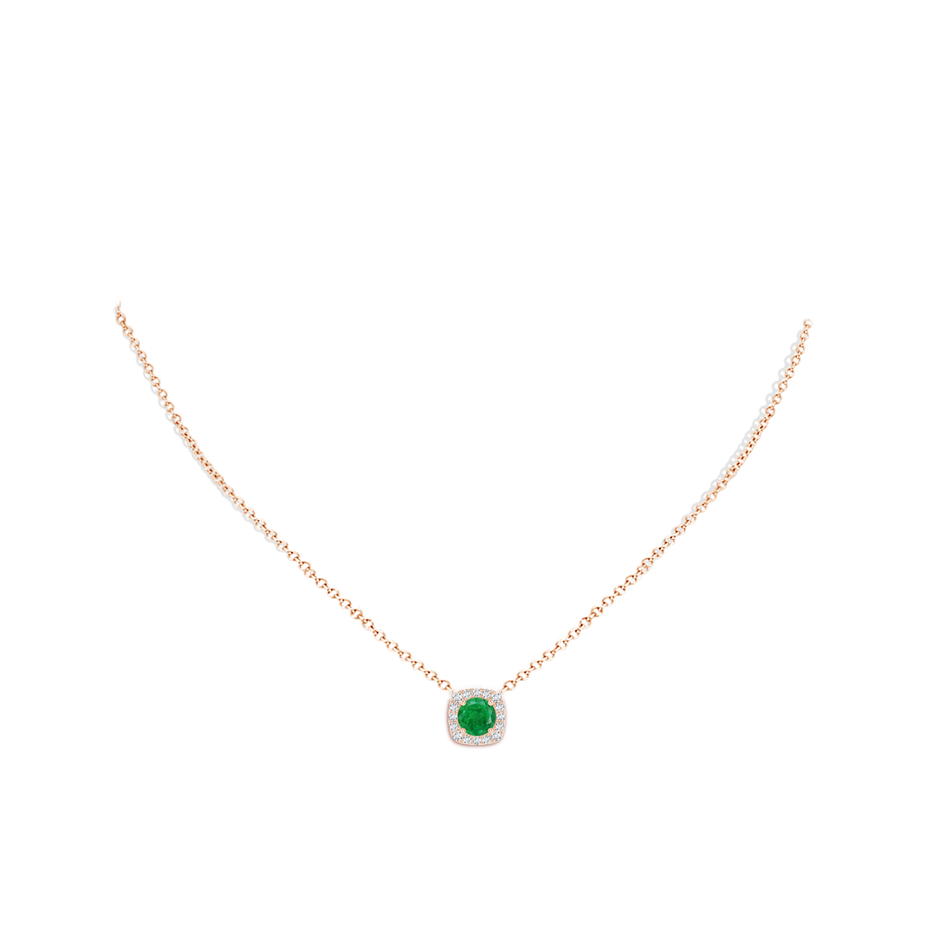 6mm AA Round Emerald Pendant with Cushion Halo in Rose Gold body-neck