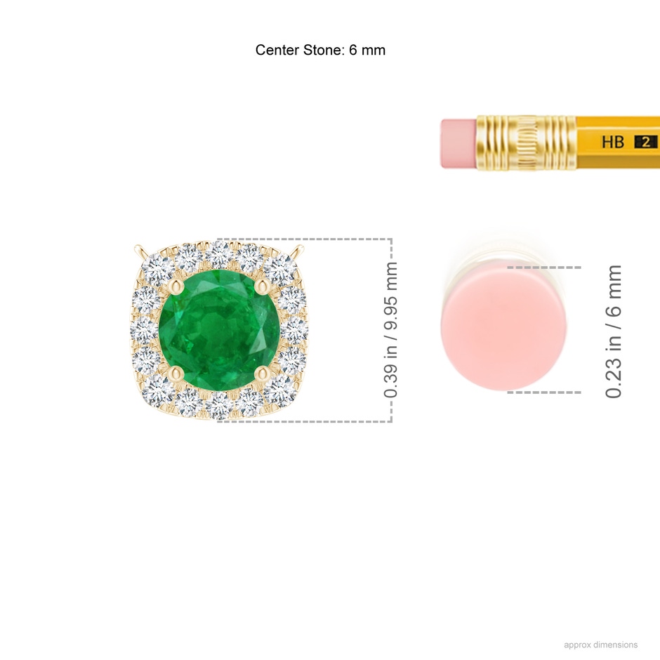 6mm AA Round Emerald Pendant with Cushion Halo in Yellow Gold ruler