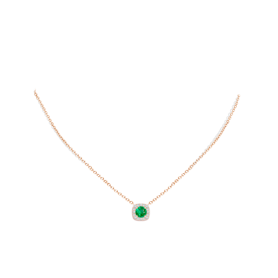 6mm AAA Round Emerald Pendant with Cushion Halo in Rose Gold body-neck