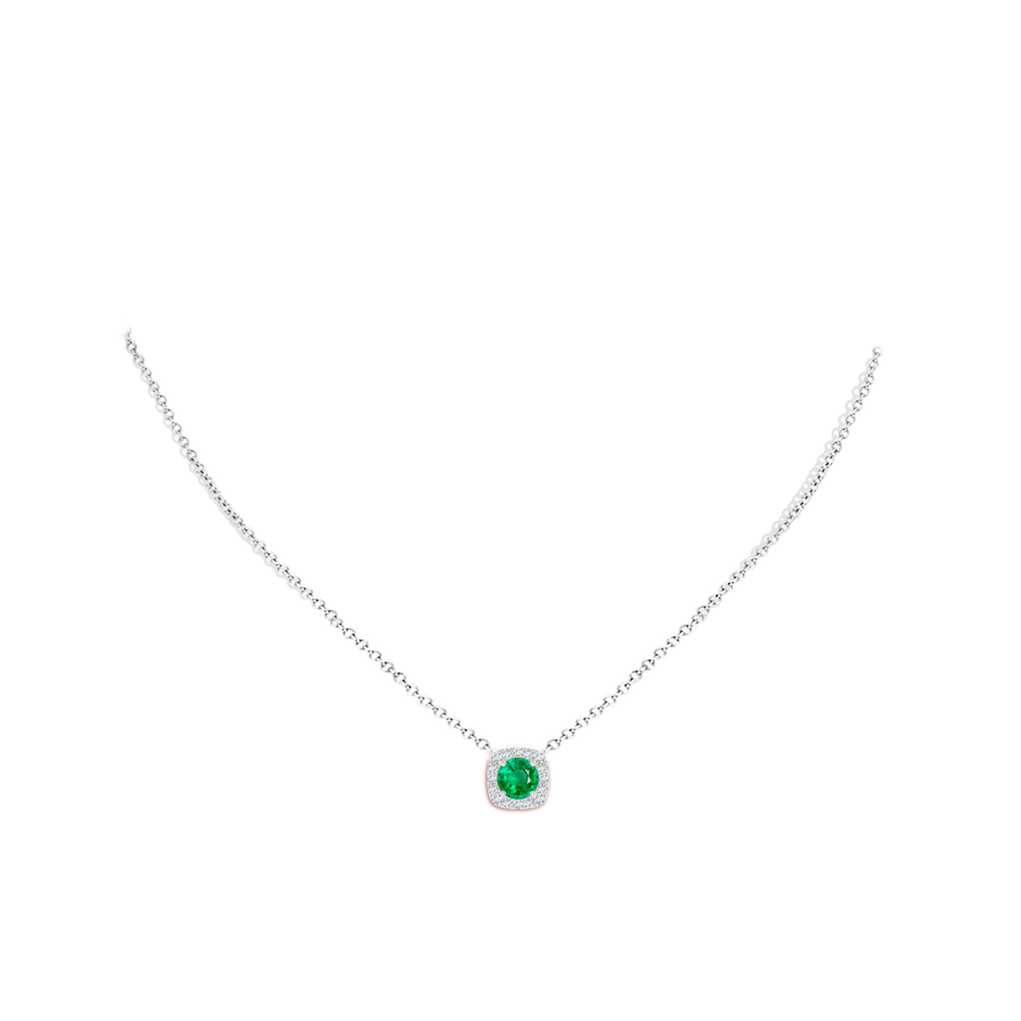 6mm AAA Round Emerald Pendant with Cushion Halo in White Gold body-neck