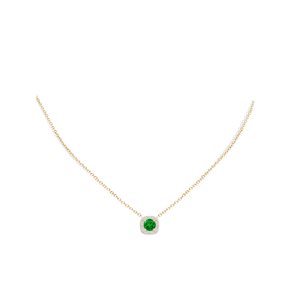 6mm AAAA Round Emerald Pendant with Cushion Halo in Yellow Gold body-neck