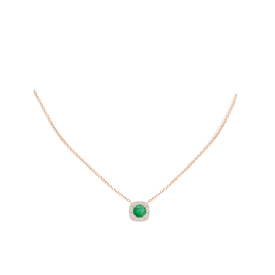 7mm A Round Emerald Pendant with Cushion Halo in Rose Gold body-neck