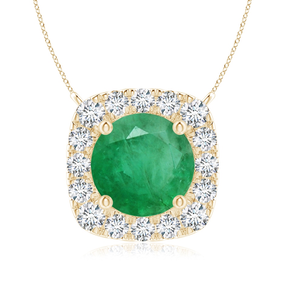 7mm A Round Emerald Pendant with Cushion Halo in Yellow Gold 
