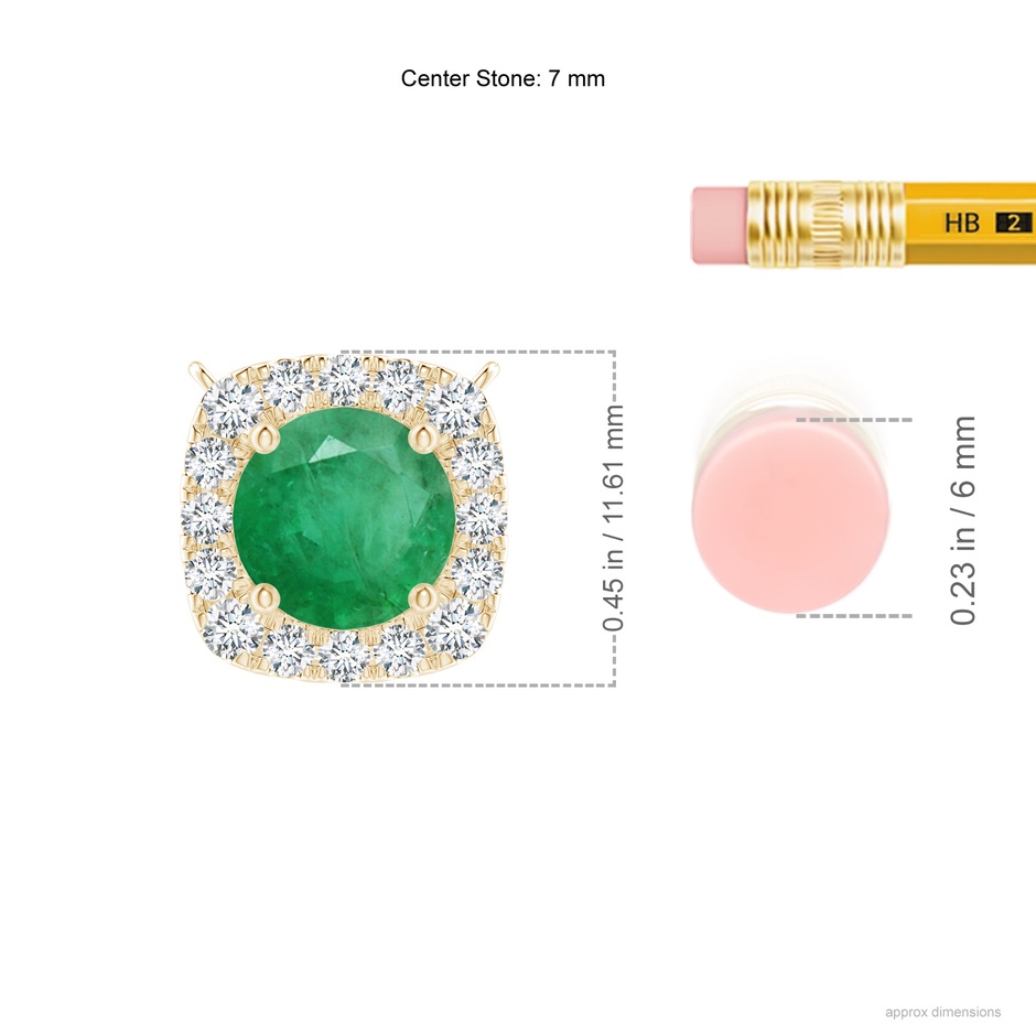 7mm A Round Emerald Pendant with Cushion Halo in Yellow Gold ruler