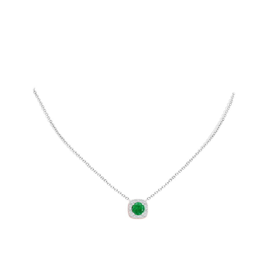 7mm AA Round Emerald Pendant with Cushion Halo in White Gold body-neck