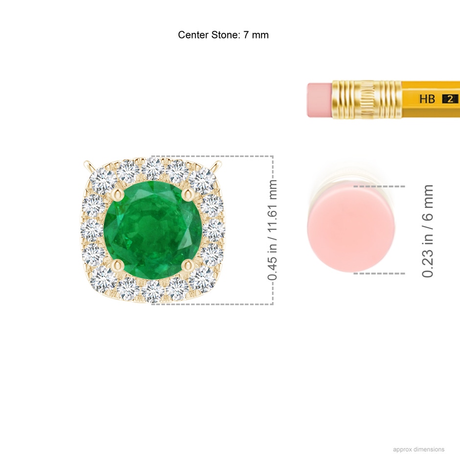 7mm AA Round Emerald Pendant with Cushion Halo in Yellow Gold ruler