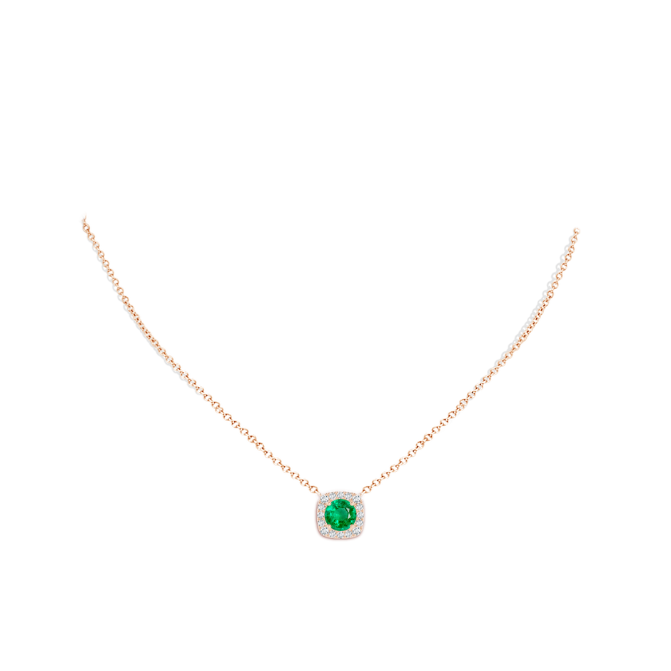 7mm AAA Round Emerald Pendant with Cushion Halo in Rose Gold body-neck