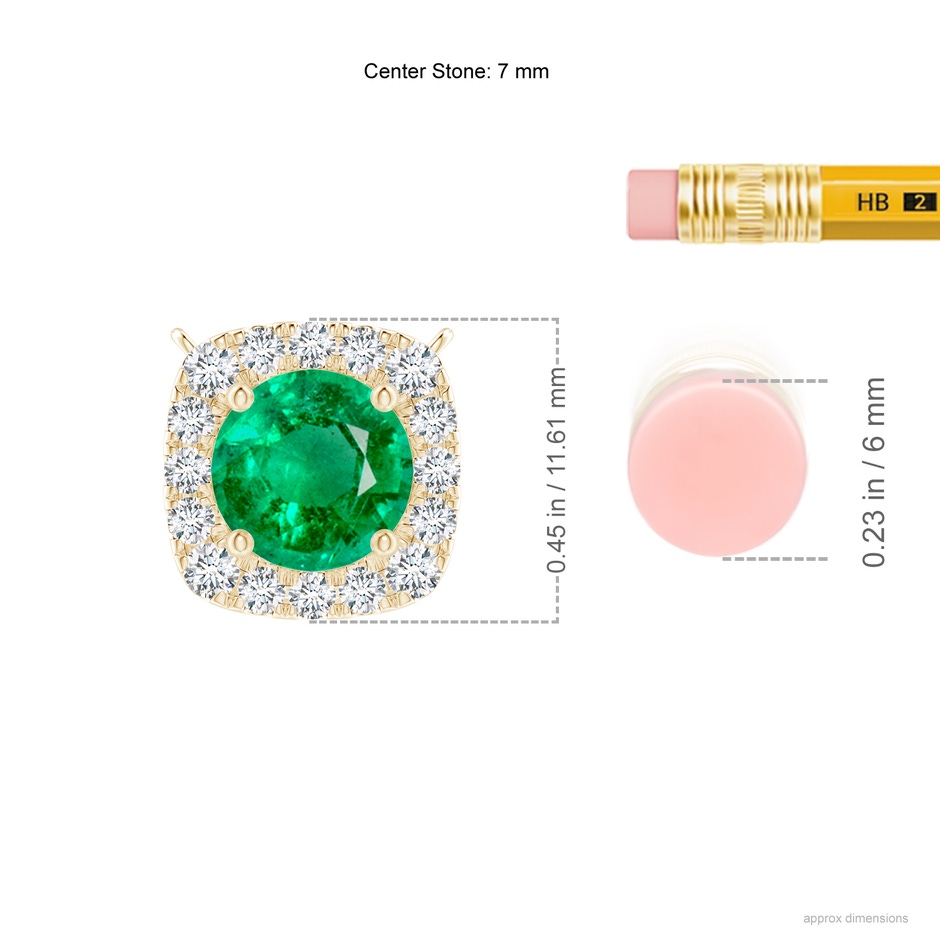 7mm AAA Round Emerald Pendant with Cushion Halo in Yellow Gold ruler
