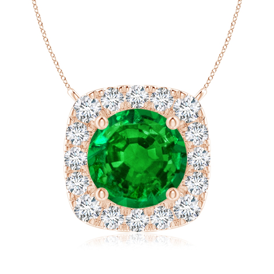 7mm AAAA Round Emerald Pendant with Cushion Halo in Rose Gold 