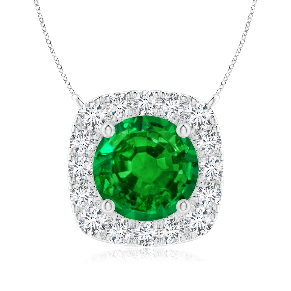 7mm AAAA Round Emerald Pendant with Cushion Halo in White Gold 