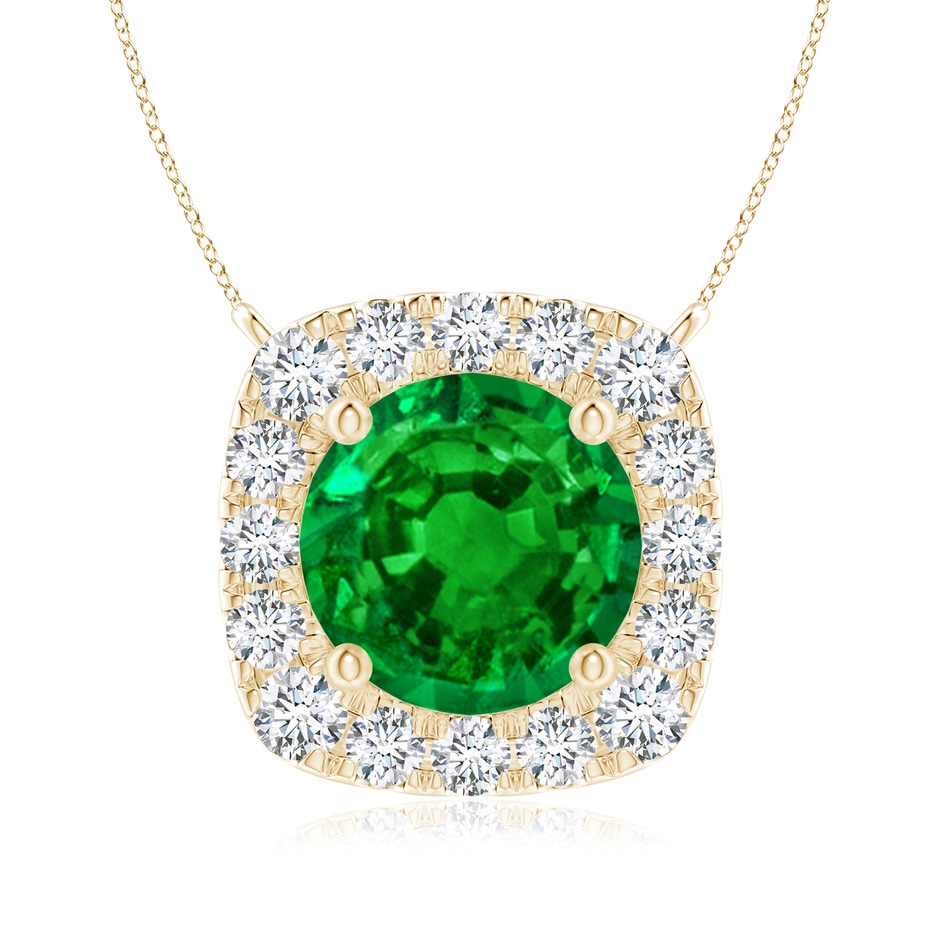 7mm AAAA Round Emerald Pendant with Cushion Halo in Yellow Gold 