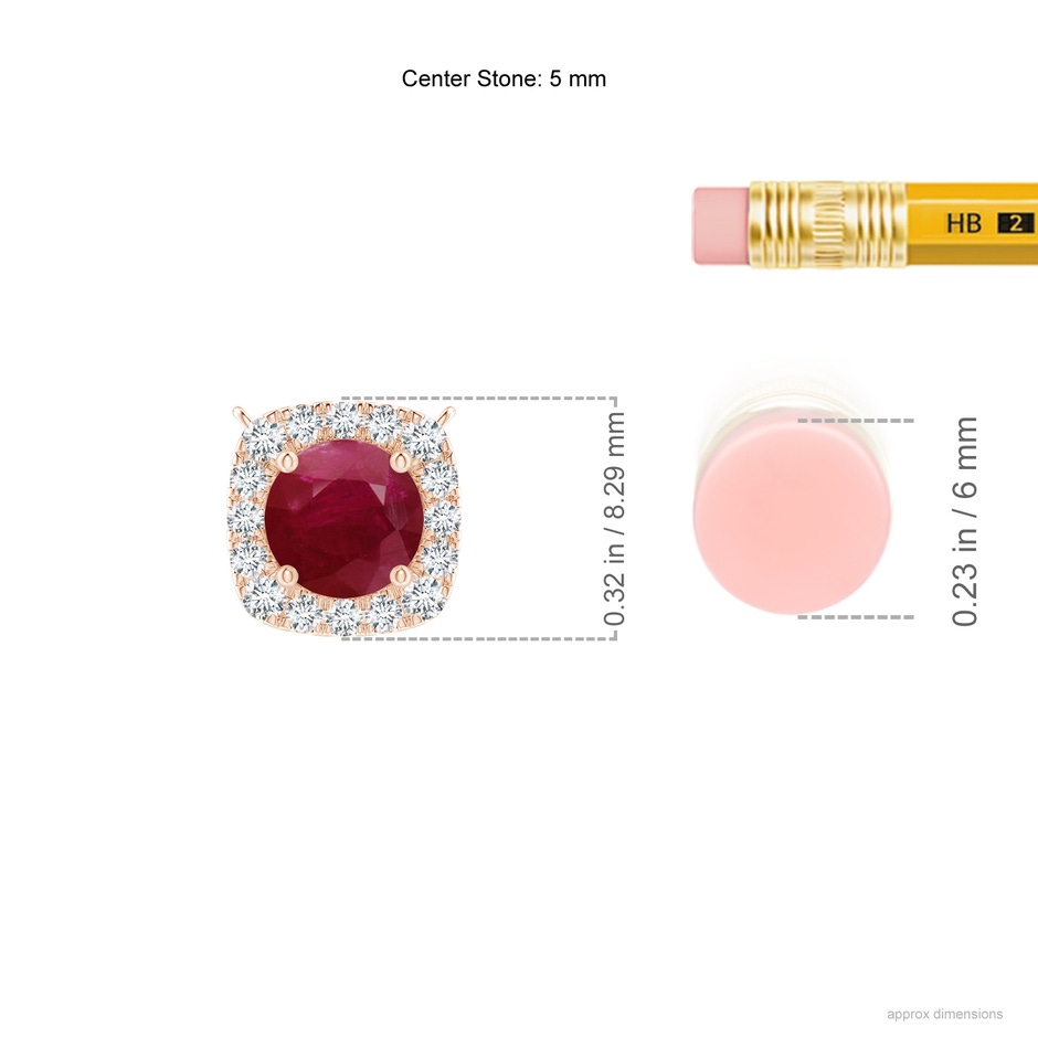 5mm A Round Ruby Pendant with Cushion Halo in Rose Gold ruler