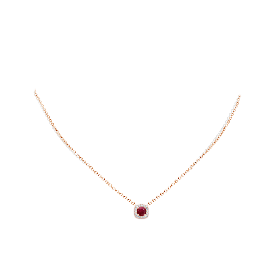 5mm A Round Ruby Pendant with Cushion Halo in Rose Gold pen