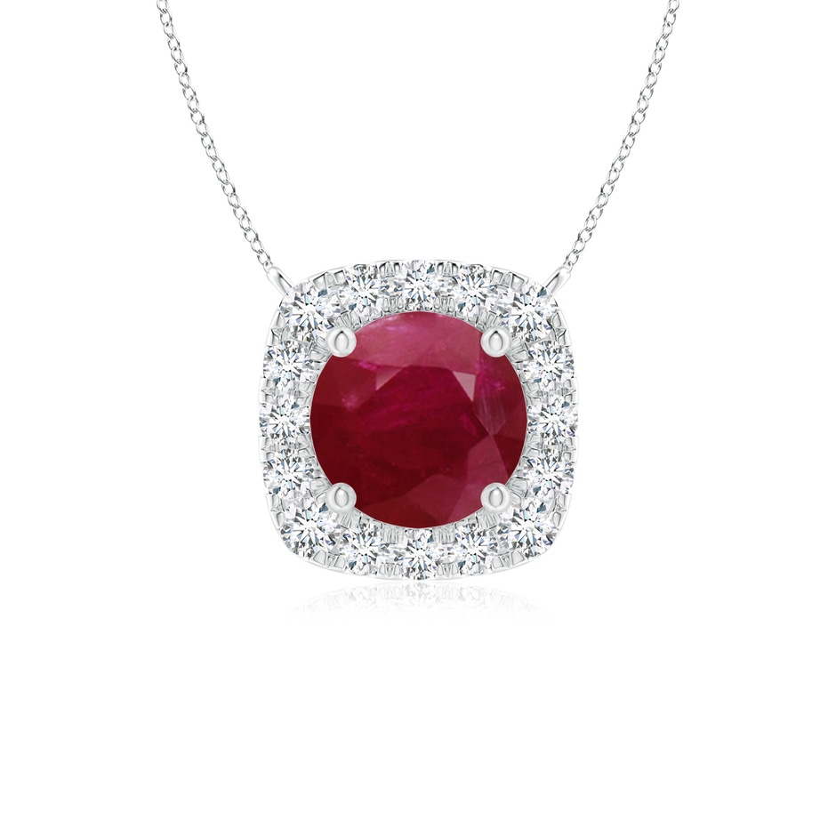 5mm A Round Ruby Pendant with Cushion Halo in White Gold 