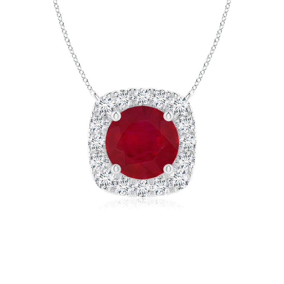 5mm AA Round Ruby Pendant with Cushion Halo in White Gold 