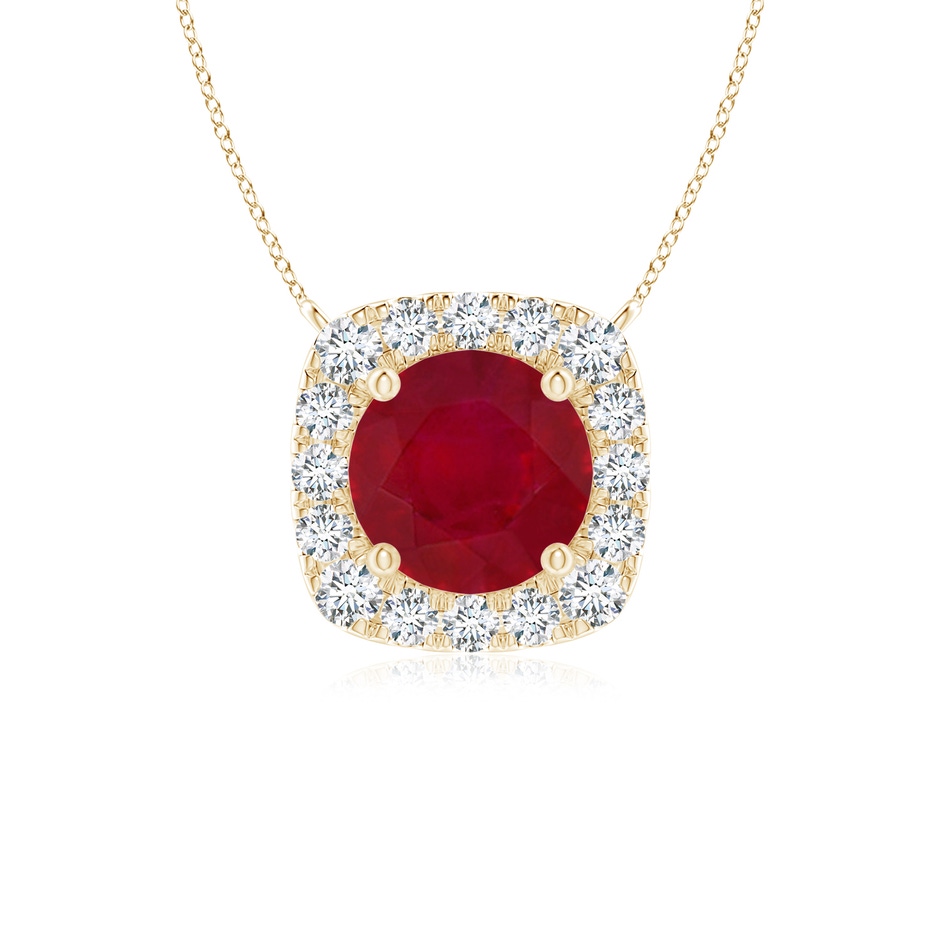 5mm AA Round Ruby Pendant with Cushion Halo in Yellow Gold 