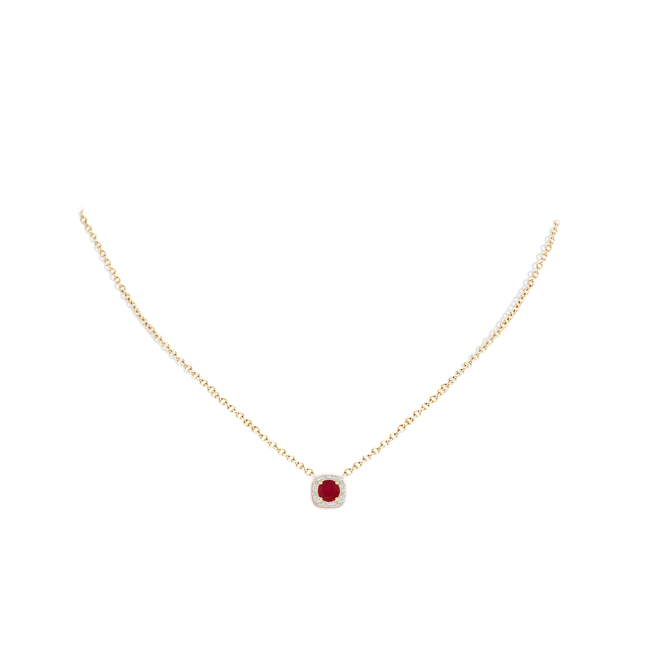 5mm AA Round Ruby Pendant with Cushion Halo in Yellow Gold pen