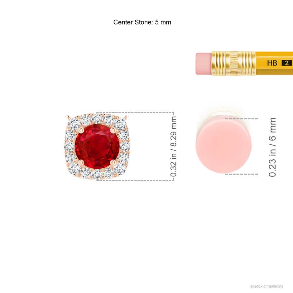 5mm AAA Round Ruby Pendant with Cushion Halo in Rose Gold ruler