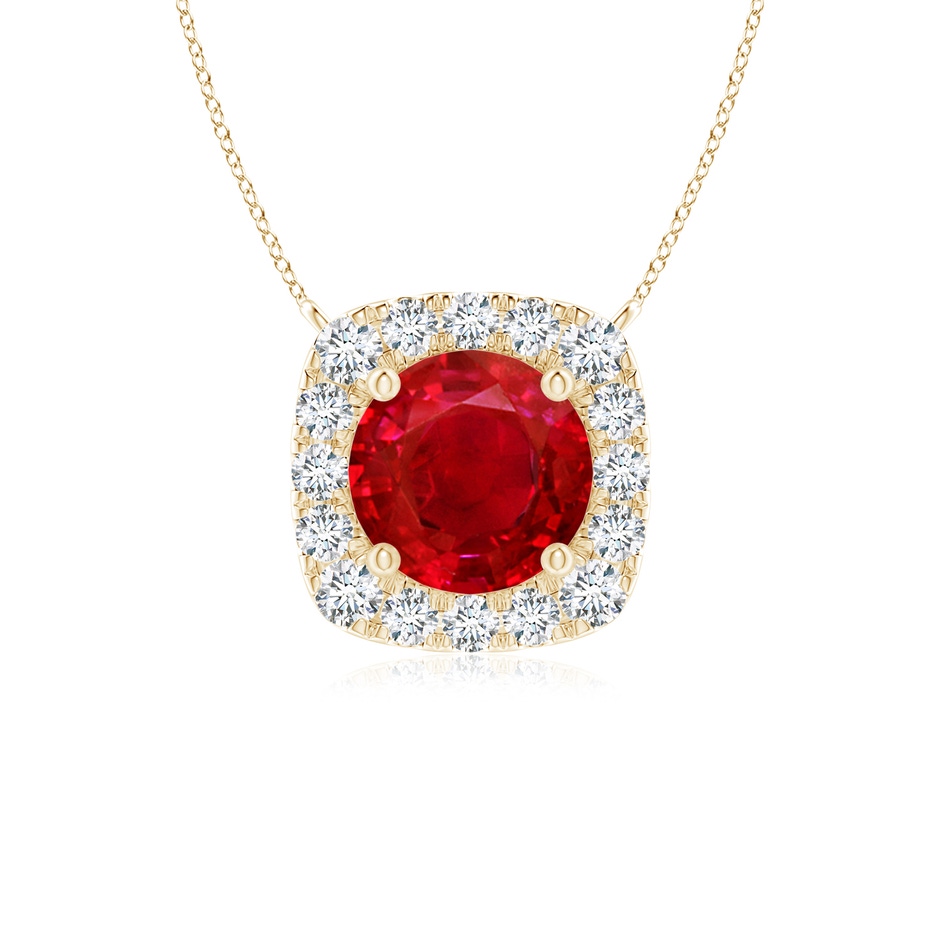 5mm AAA Round Ruby Pendant with Cushion Halo in Yellow Gold 