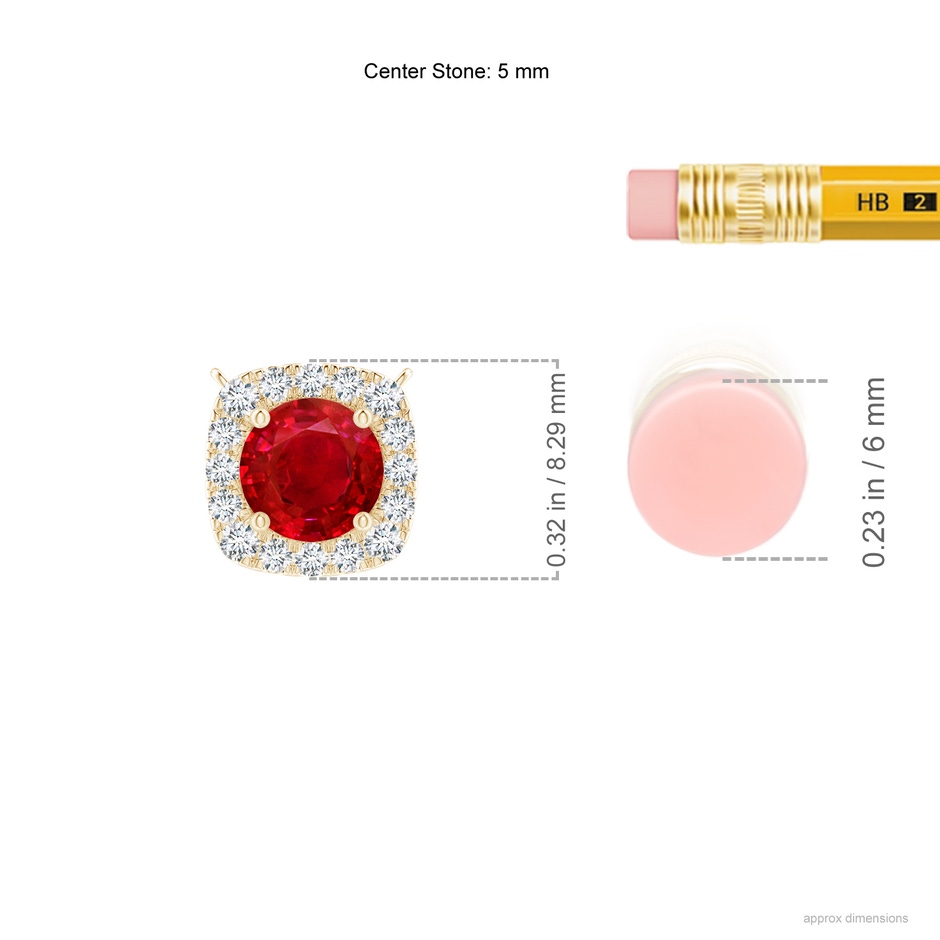 5mm AAA Round Ruby Pendant with Cushion Halo in Yellow Gold ruler