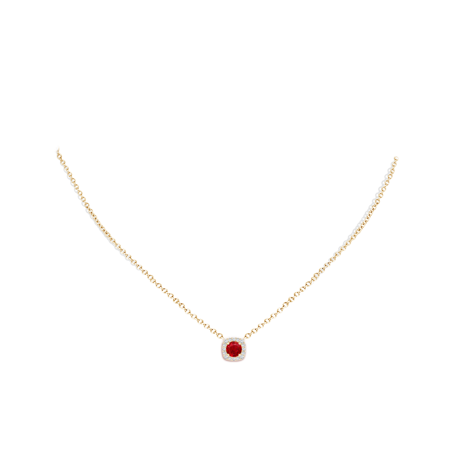 5mm AAA Round Ruby Pendant with Cushion Halo in Yellow Gold pen