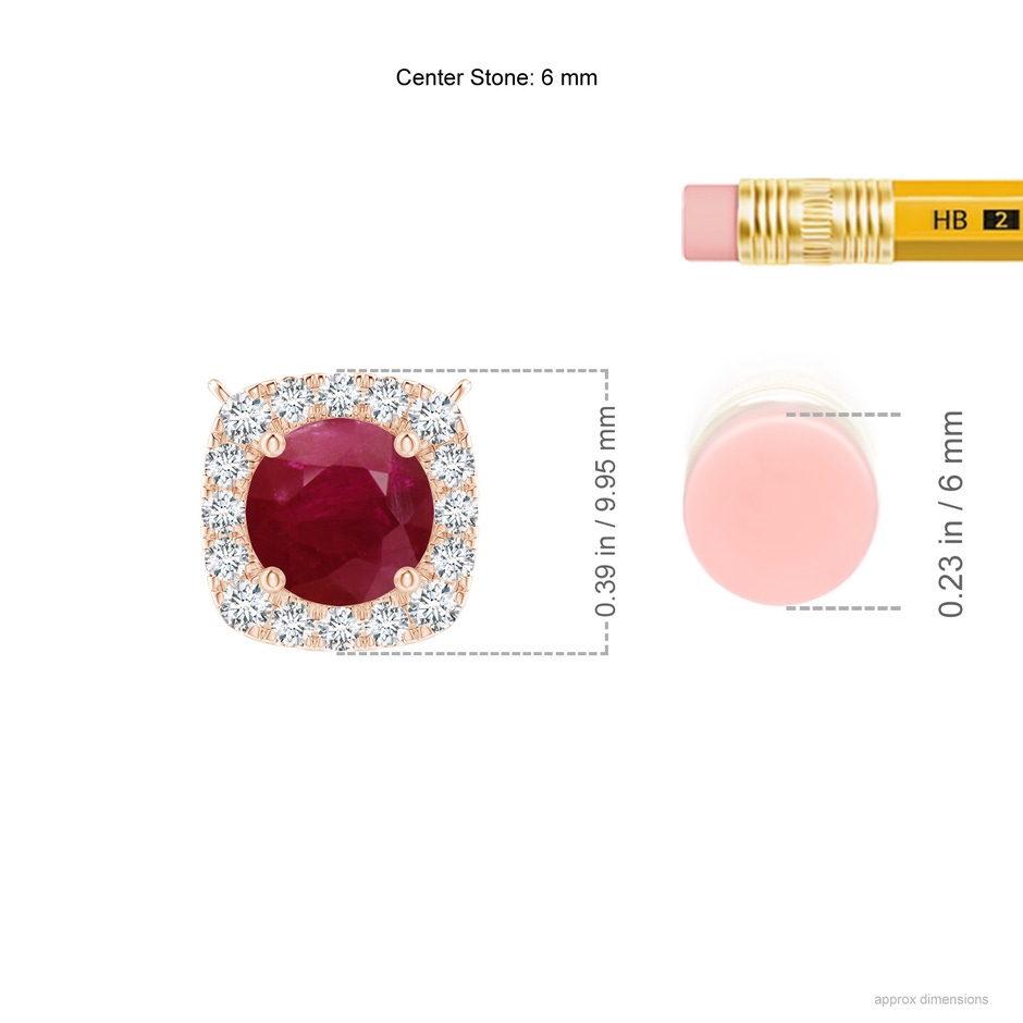 6mm A Round Ruby Pendant with Cushion Halo in Rose Gold ruler
