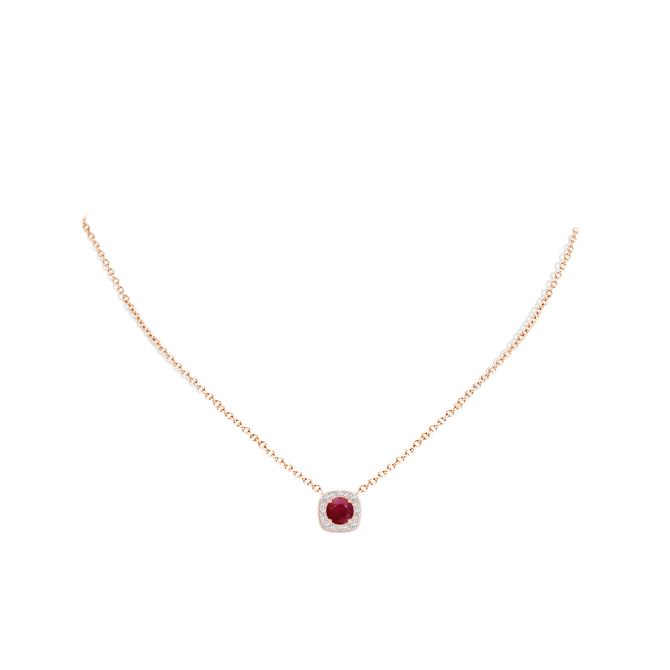 6mm A Round Ruby Pendant with Cushion Halo in Rose Gold pen
