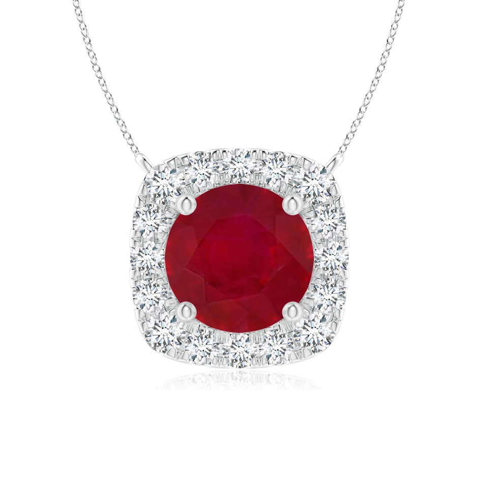 6mm AA Round Ruby Pendant with Cushion Halo in White Gold 