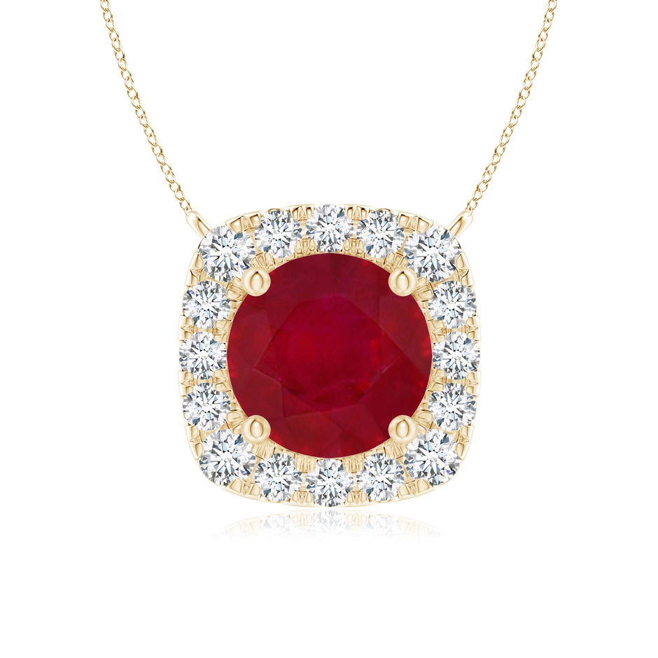 6mm AA Round Ruby Pendant with Cushion Halo in Yellow Gold 