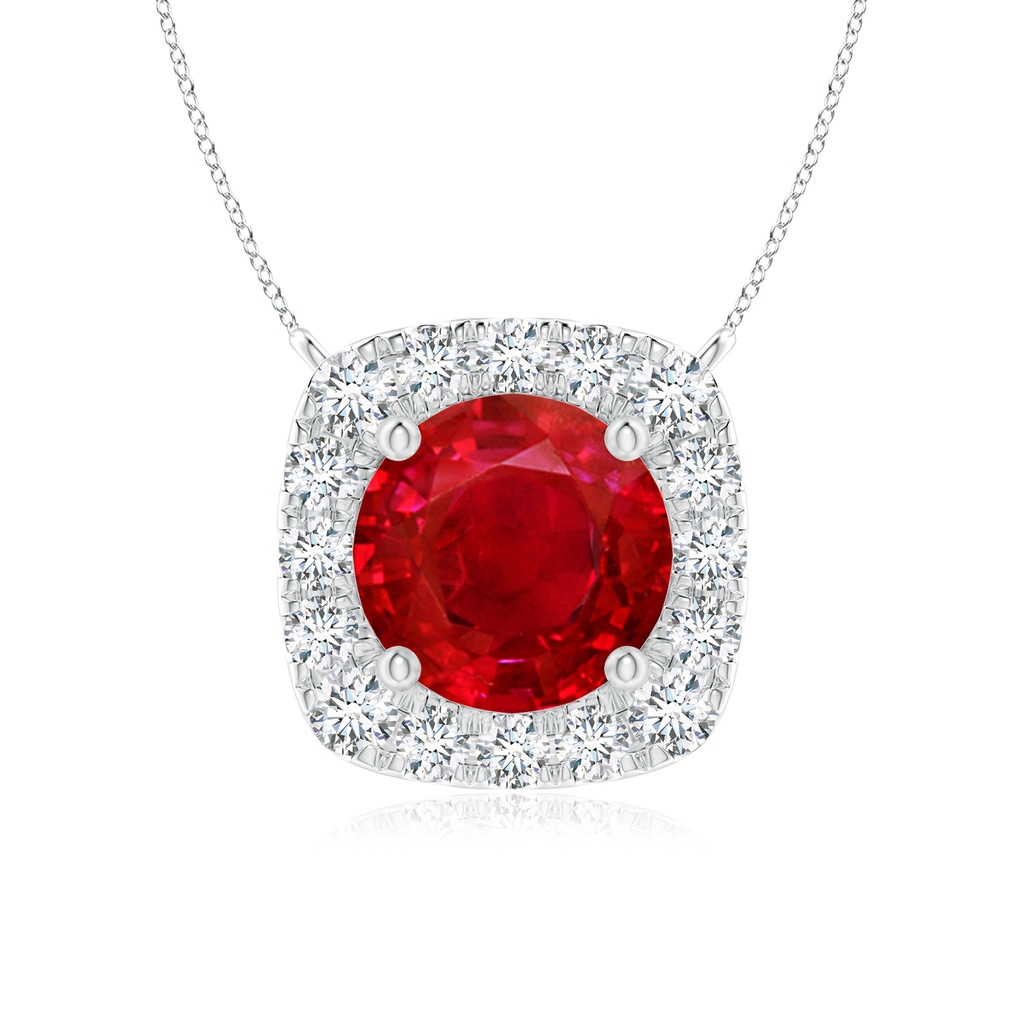 6mm AAA Round Ruby Pendant with Cushion Halo in White Gold