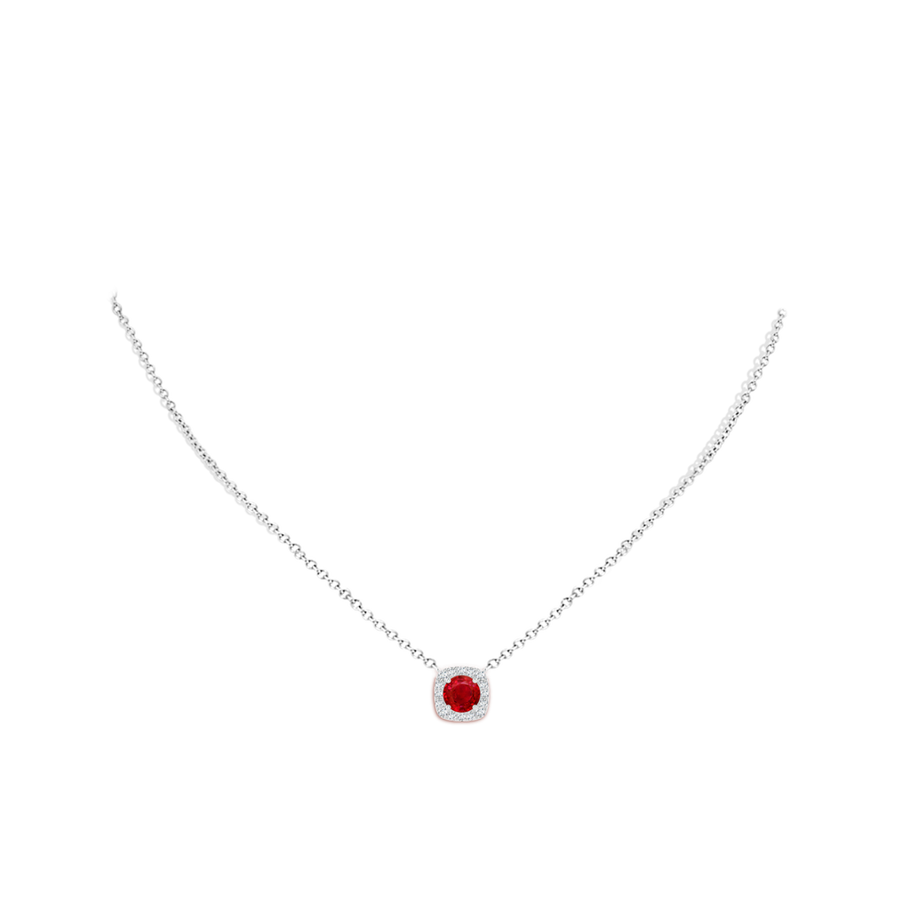 6mm AAA Round Ruby Pendant with Cushion Halo in White Gold Body-Neck