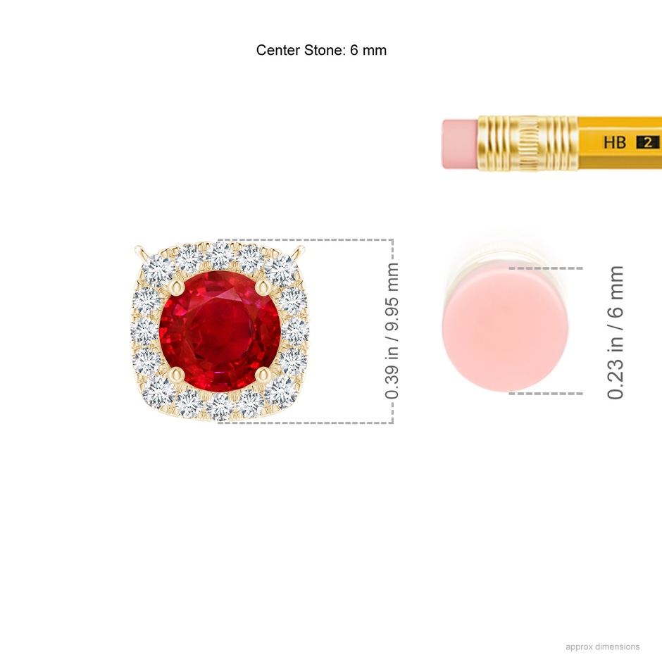 6mm AAA Round Ruby Pendant with Cushion Halo in Yellow Gold ruler
