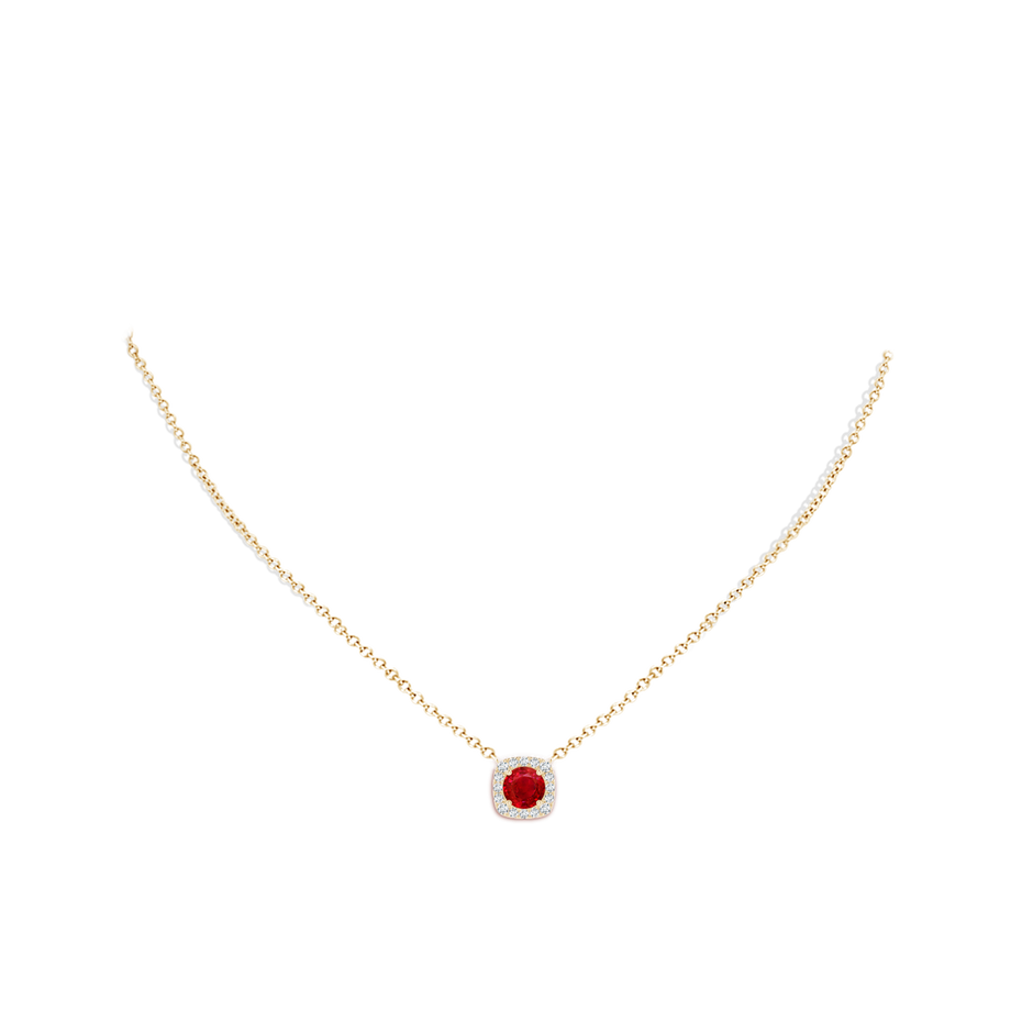 6mm AAA Round Ruby Pendant with Cushion Halo in Yellow Gold pen