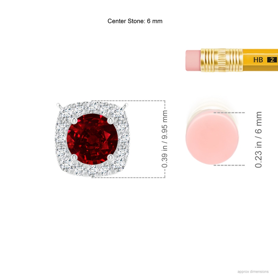 6mm AAAA Round Ruby Pendant with Cushion Halo in White Gold ruler