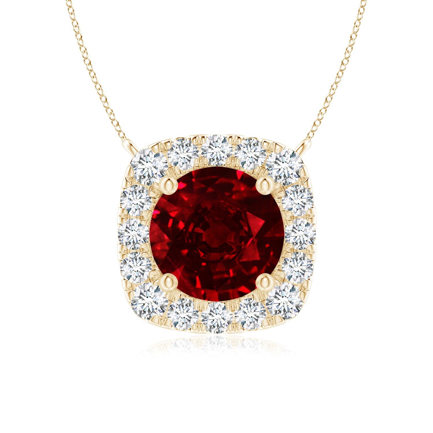 6mm AAAA Round Ruby Pendant with Cushion Halo in Yellow Gold