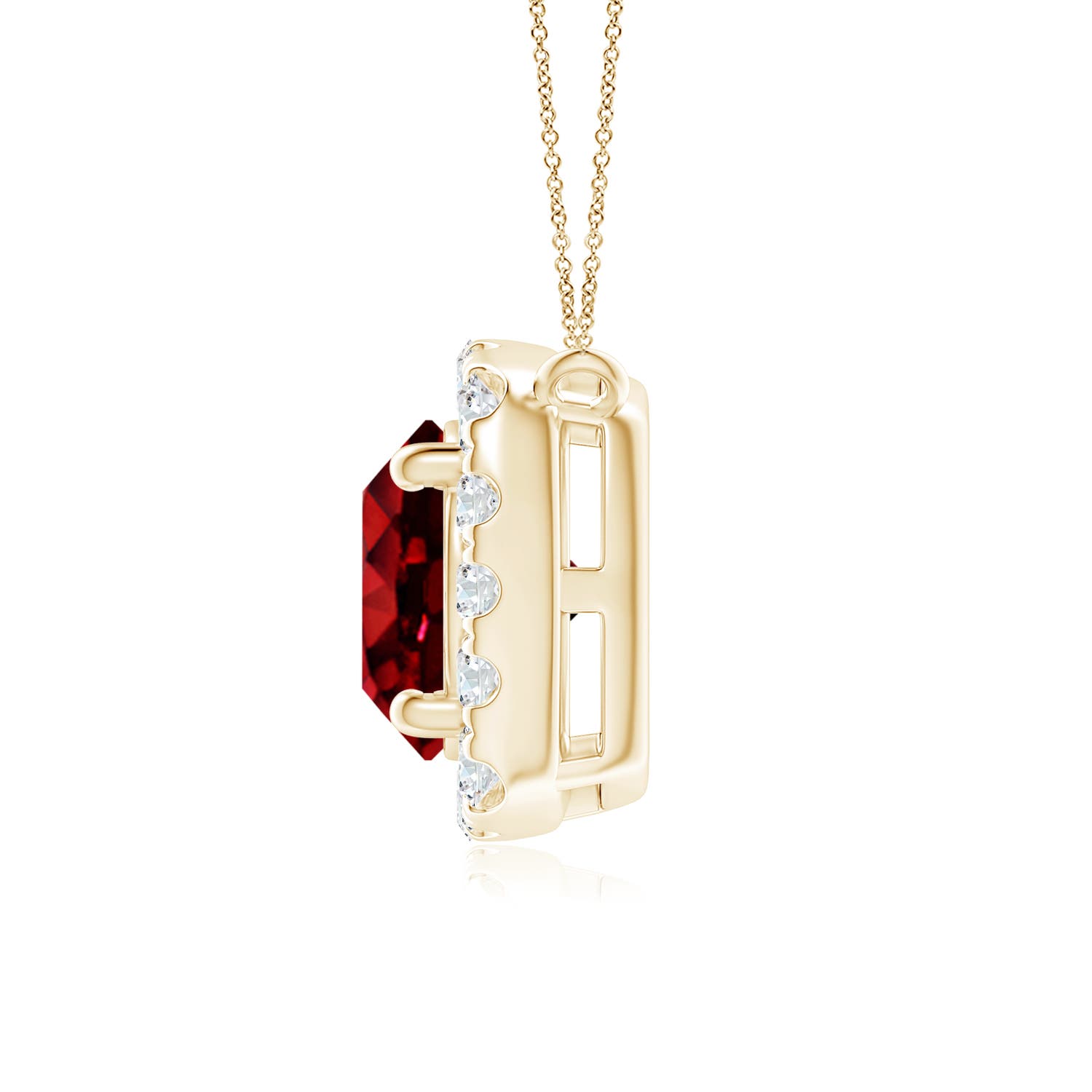 6mm AAAA Round Ruby Pendant with Cushion Halo in Yellow Gold