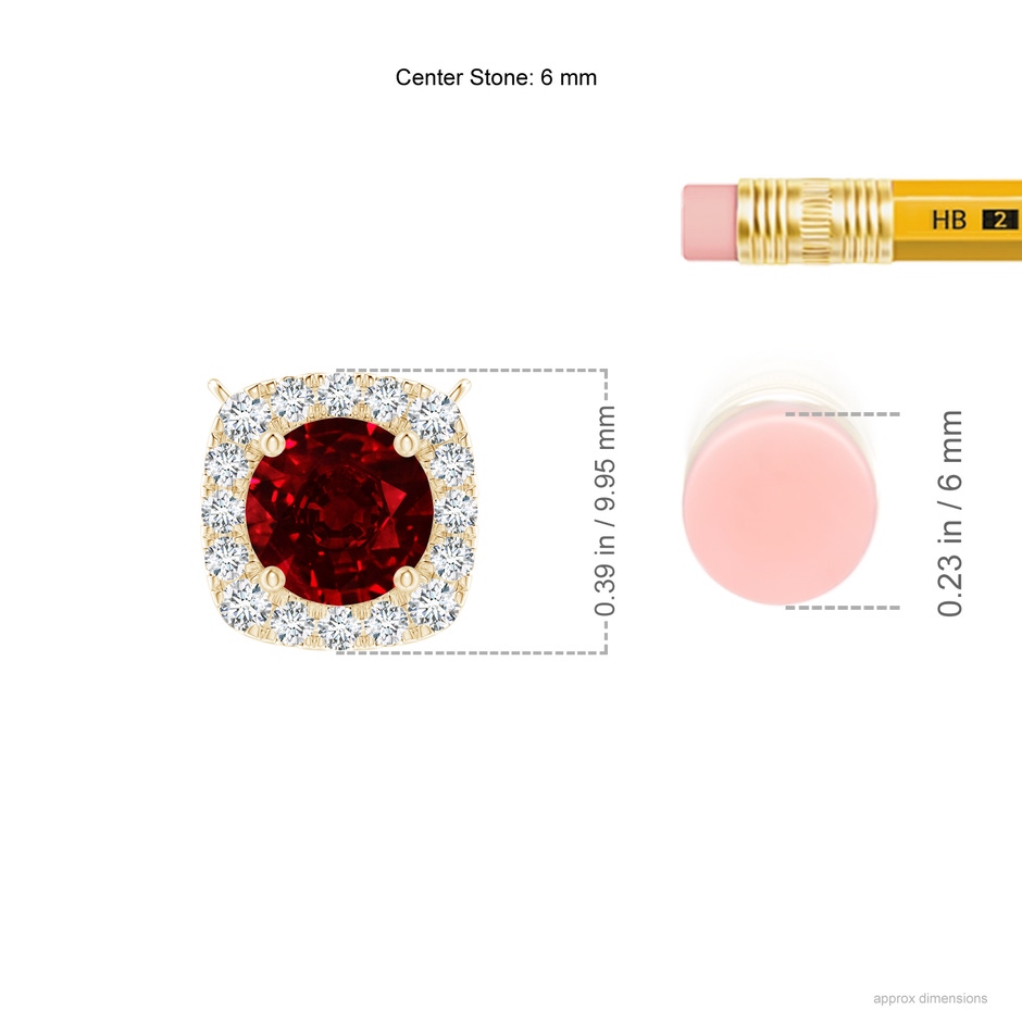 6mm AAAA Round Ruby Pendant with Cushion Halo in Yellow Gold ruler