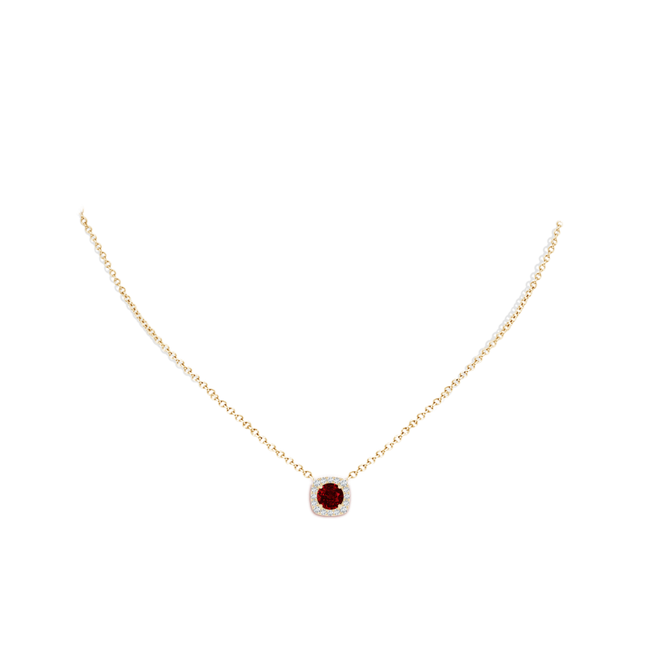 6mm AAAA Round Ruby Pendant with Cushion Halo in Yellow Gold pen
