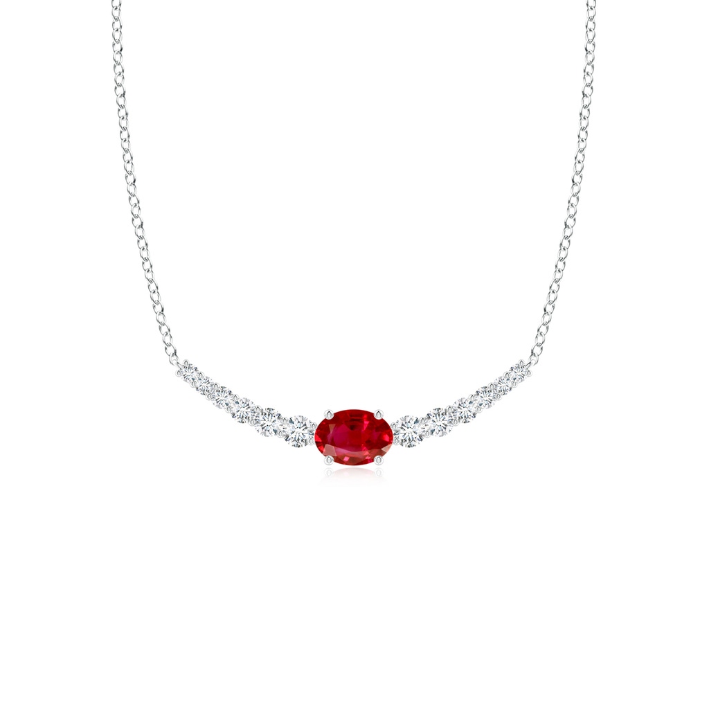 6x4mm AAA East-West Oval Ruby Curved Bar Necklace with Diamonds in White Gold